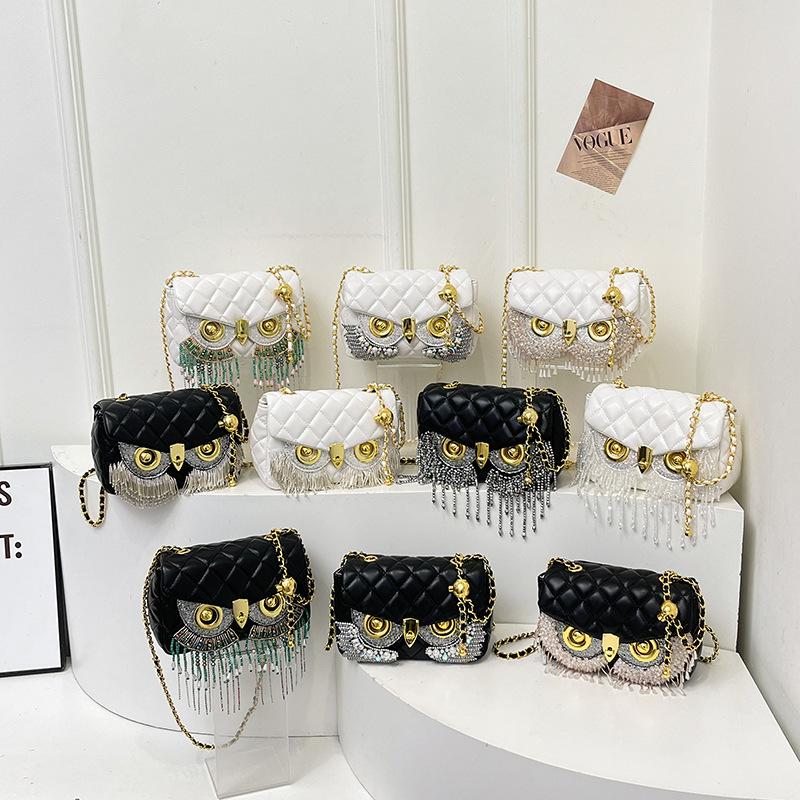 Xiaoxiangfeng diamond bag 2025 new European and American fashion rhinestone fringed shoulder bag women's owl small square bag