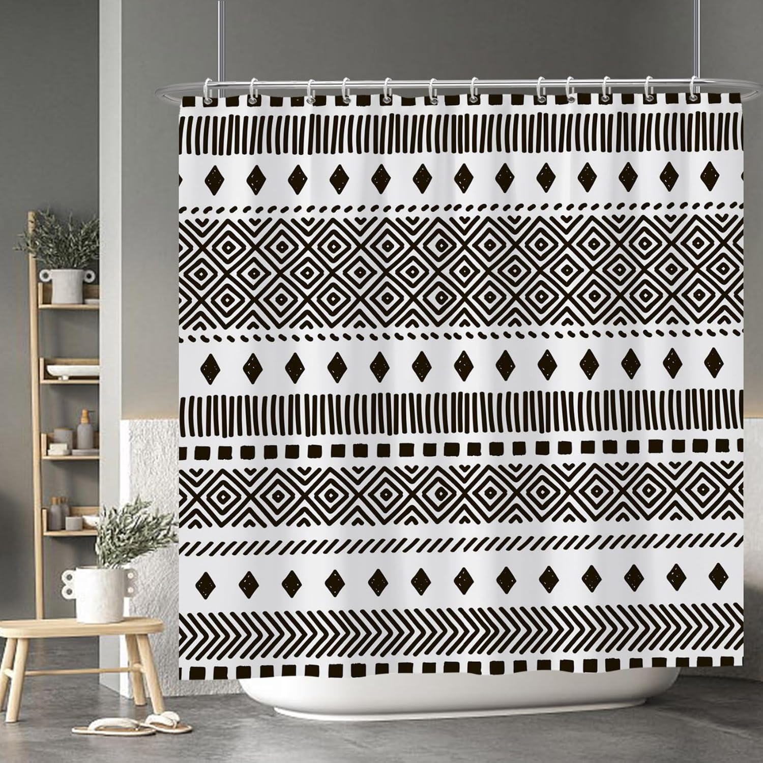 

Abstract Tribal Print Shower Curtain Black White Geometric Design Minimalist Style Contemporary Bathroom Decor Artistic Home W60H190(CM)-1 Pcs