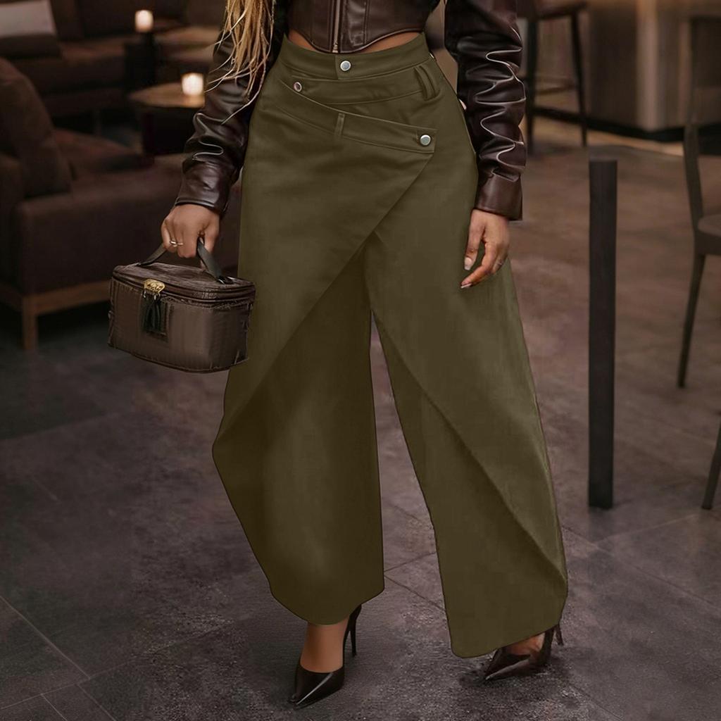 Damen Mode Lässig Vintage Weite Hosen Hohe Taille Lockere Passform Fließende Hosen Knopf Detail Leichter Stoff
