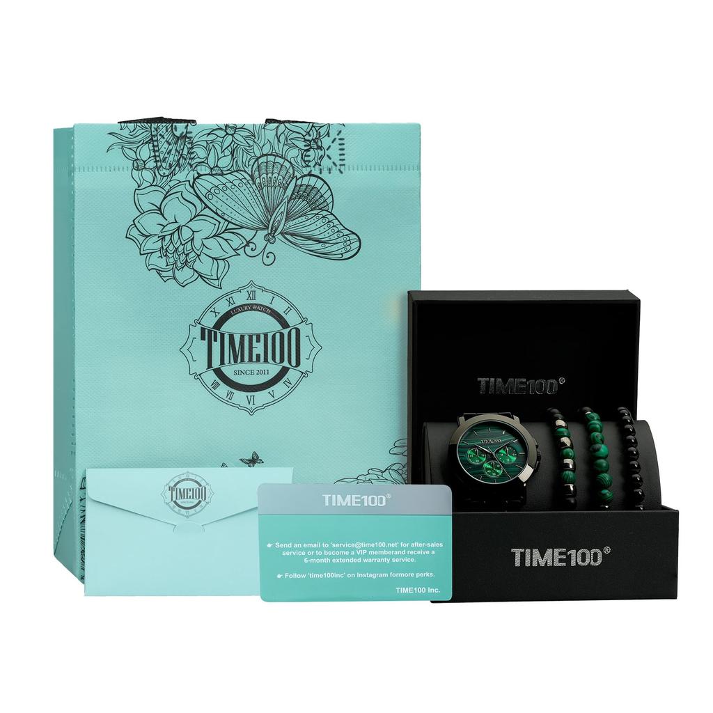 [TIME100] Gift Set: Men's Watch and Bracelet, Gift Wrapping (Green)