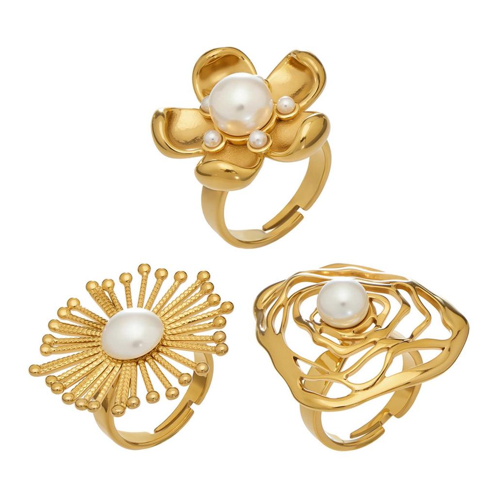 Exquisite Shell Bead Sunflower Stainless Steel Open Ring Set - High-End Hand Jewelry