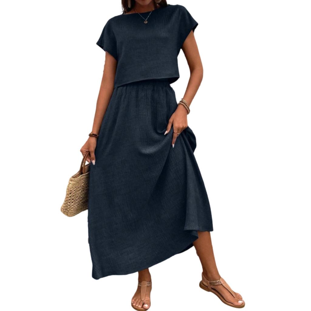 Women Two Piece Set Short Sleeve Crop Top and Casual A-Line Maxi Skirt Lightweight Comfortable Summer Outfit