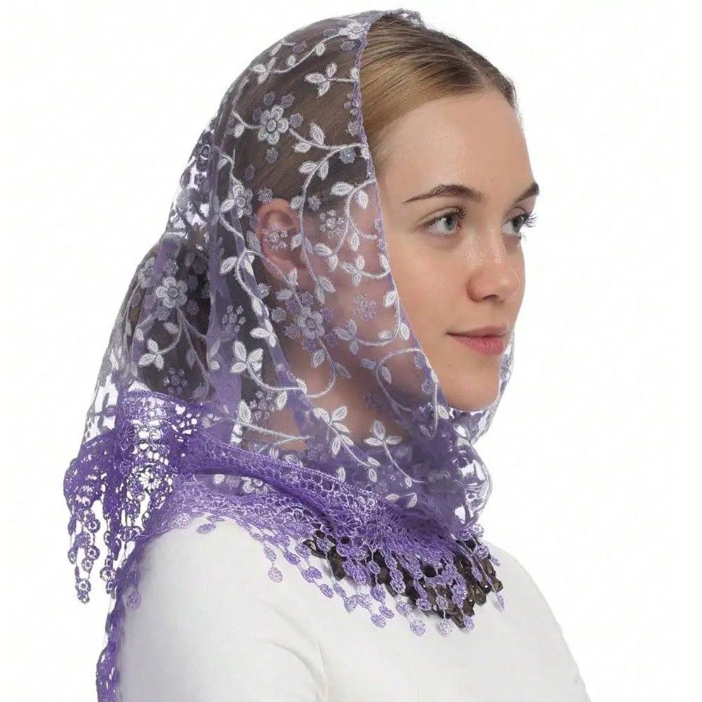 Floral Printed Lace Triangle Scarf Embroidered Flower Tassels Scarves Veil Headband  Ladies фиолетовый