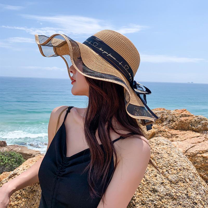 Fashion Flat-Topped Straw Hats Girls Wide Brim Sun Hat Outdoor Lace Bow Strap Lightweight Uv Protection Beach Cap