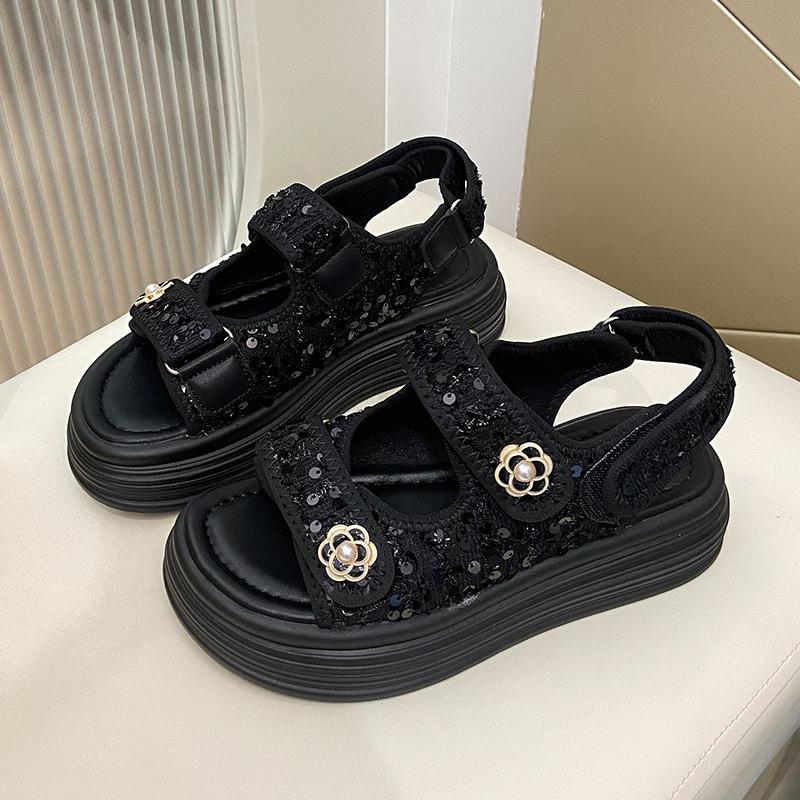 2025 Summer New Women's Fashion Sandals Temperament Small Fragrant Sandals Women's Thick Sole Heightening Velcro Women's Shoes