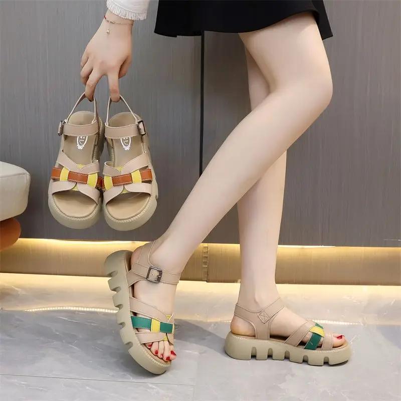Sandals for Woman One Word Summer 2025 Open Toe Green Women's Shoes Buckles Platform Footwear Roman Style Outdoor Vintage Trend