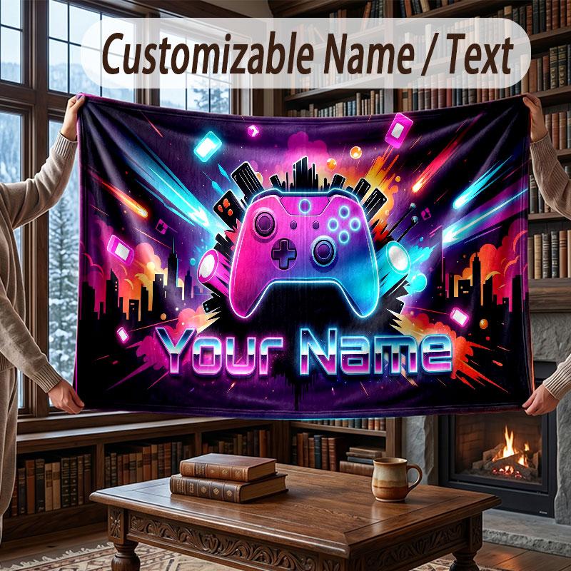 City Cyberpunk Theme Throw Blanket Custom Name Text Personalized Blanket Soft Cozy Blanket for Home Sofa Bed