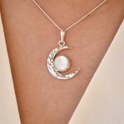 Mother Of Pearl Pendant Moon Celestial Necklace 925 Sterling Silver Pendant For Mother Wife Or Fiance