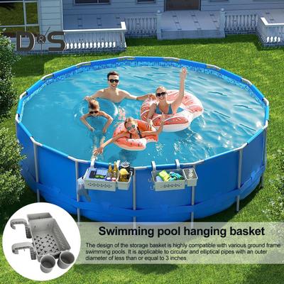 Pool Storage Basket for Above Ground Pools Poolside Storage Organizer with Cup Holder Hook Pool Accessories Holder Fits for Most Frame Pools