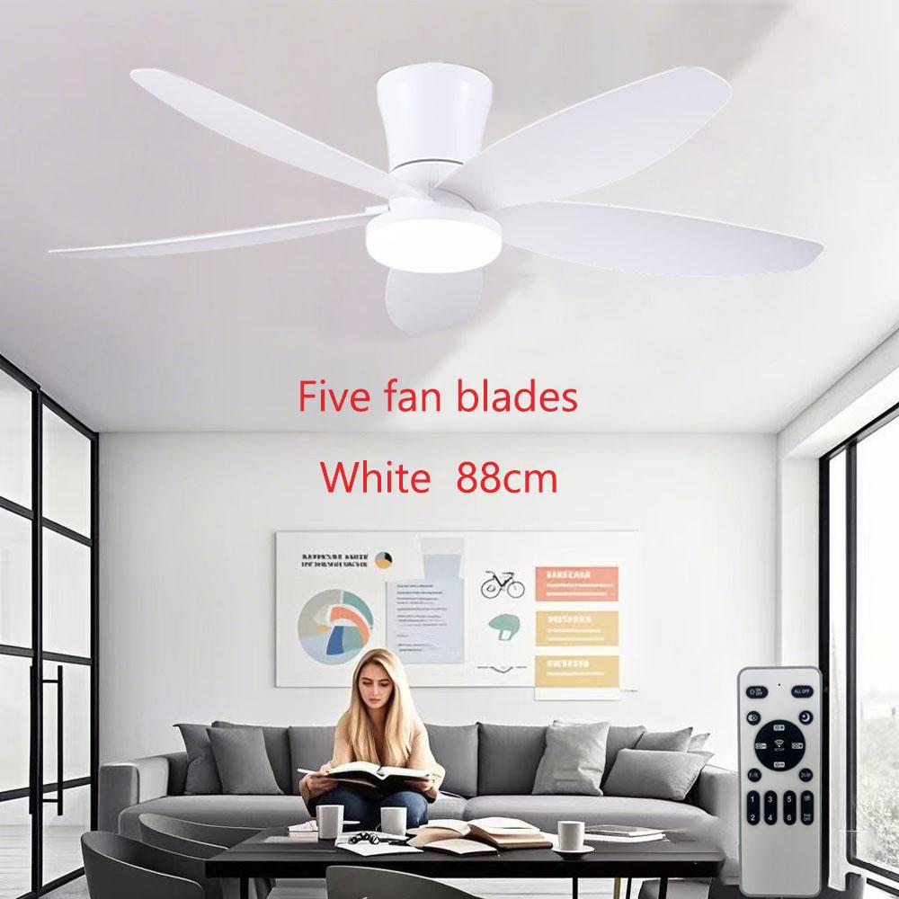 Low-profile ceiling fan with light and remote control, dimmable and silent, suitable for bedrooms and kitchens.