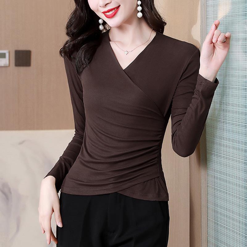 V-neck Pleated T-shirt for Women In Women's Autumn New Style Waist-hugging Short Top Slim Base Shirt for Women