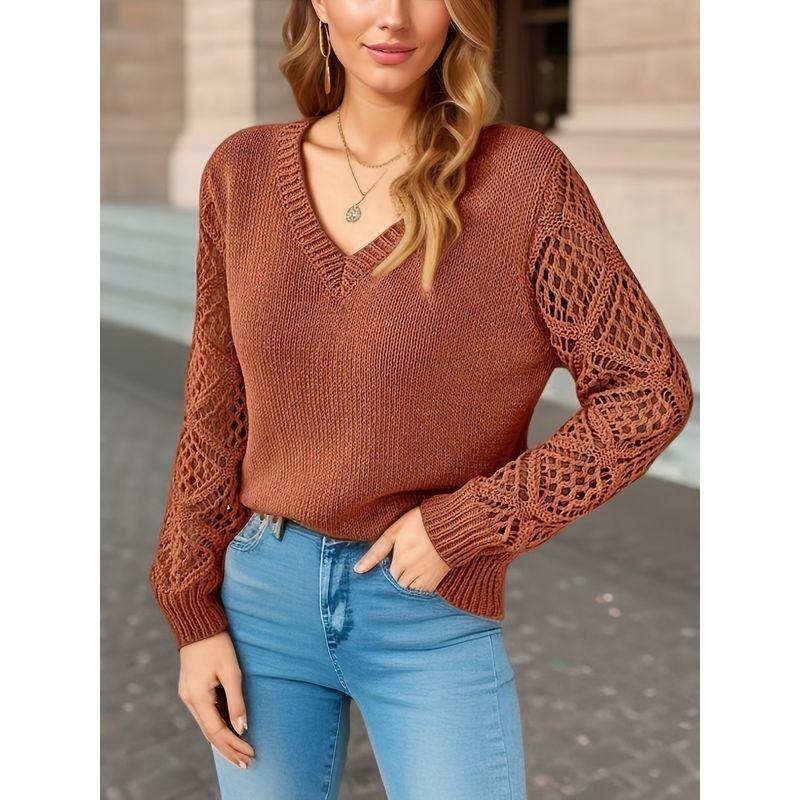 Base Sweater Autumn Hollow Out Women Clothes Pullover Long Sleeve Crochet Jacquard Loose V-neck Base Knit Sweater