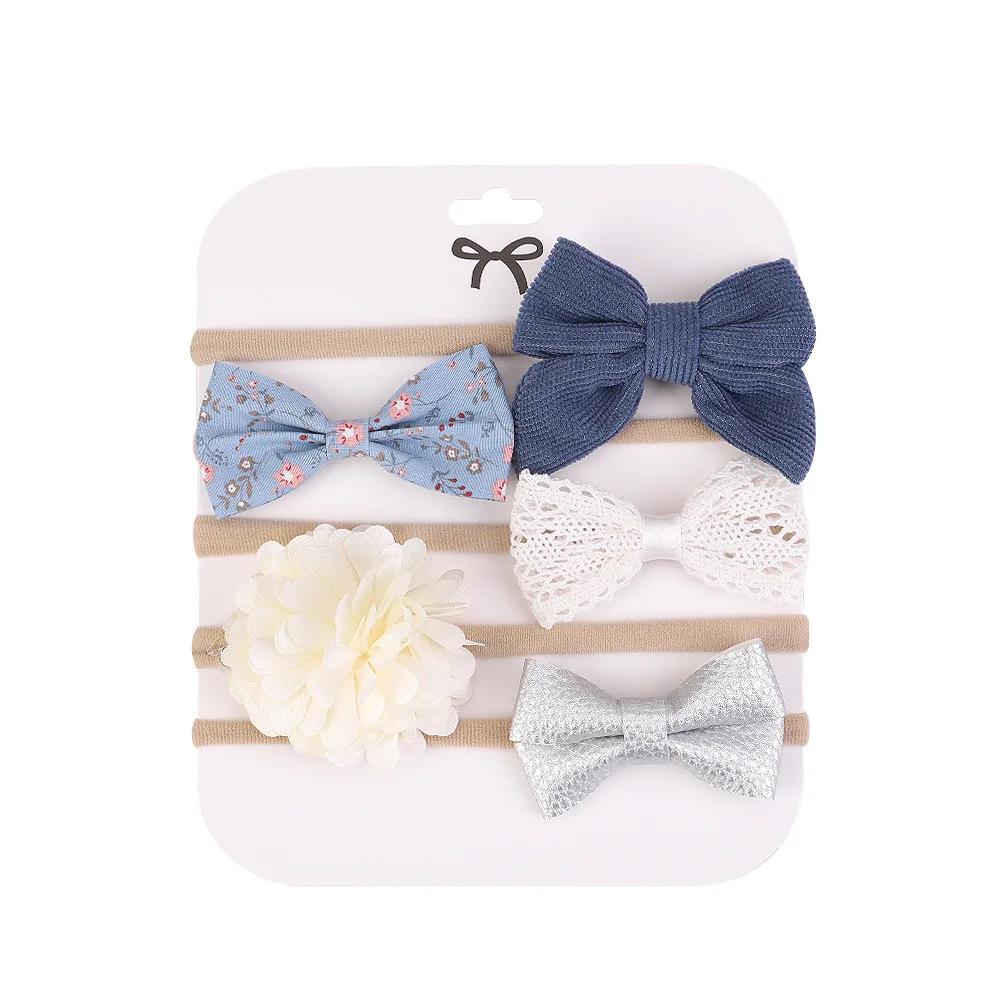 5Pcs Baby Bows Lace Flower Headband Print Nylon Cotton Hair Bands for Girls Children Newborn Toddler Soft Hair Accessories