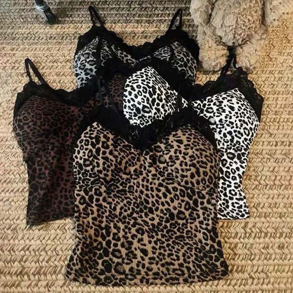 Lace Leopard Leopard Print Corset Splicing Crop Tops Retro Fashion Suspender Vest  Ladies