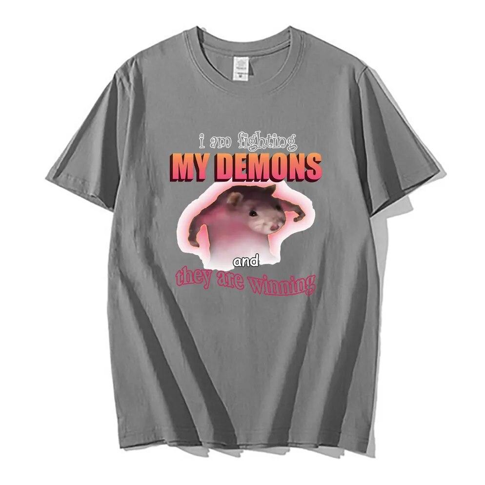 Funny I Am Fighting My Demons and They Are Winning T Shirts Women Casual Loose Tshirt Cute Kawaii Mouse Meme Graphic Unisex T-shirt