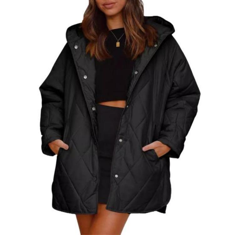 

Women Winter Puffer Jacket Quilted Hooded Down Coat Lightweight Warm Padded Jacket with Pockets Long Sleeve S чёрный