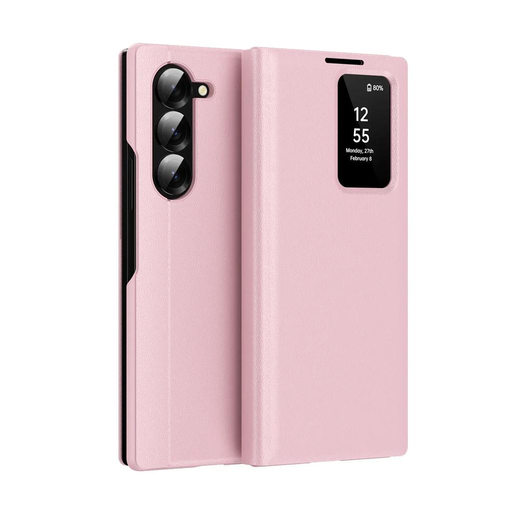 Funda de Cuero de Alta Gama con Tacto Suave para Samsung Galaxy Z Fold 7 6 5 4 Pantalla LED Inteligente HD Cubierta Trasera a Prueba de Golpes Windows