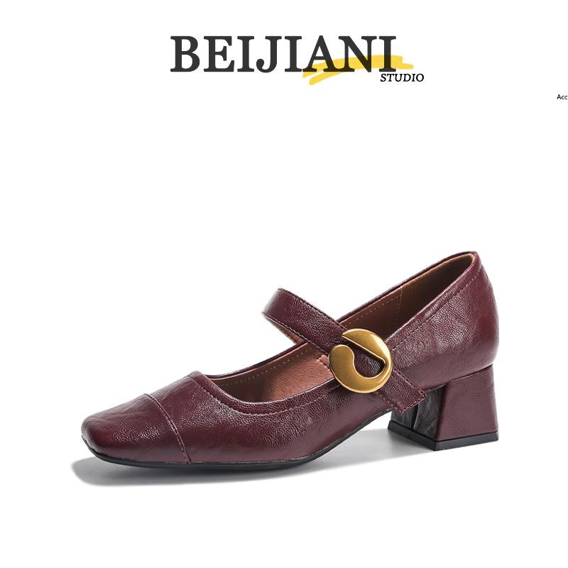

BEIJIANI Французские туфли Мэри Джейн в стиле ретро на массивном каблуке: Женские туфли с низким вырезом, квадратным носком и ремешком на щиколотке 39 вино красного
