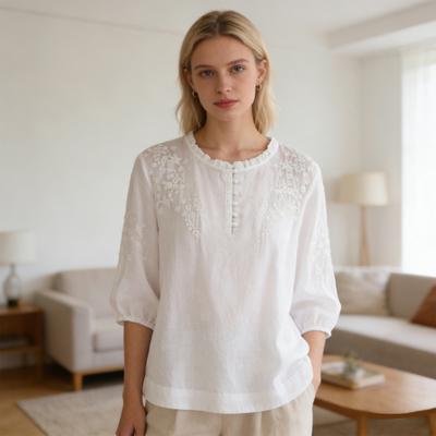 Cămașă de damă brodată florală cu mâneci bufante 3/4, croială lejeră, pulover, topuri cu tiv curbat, bluză casual de vară, respirabilă, pentru purtare zilnică