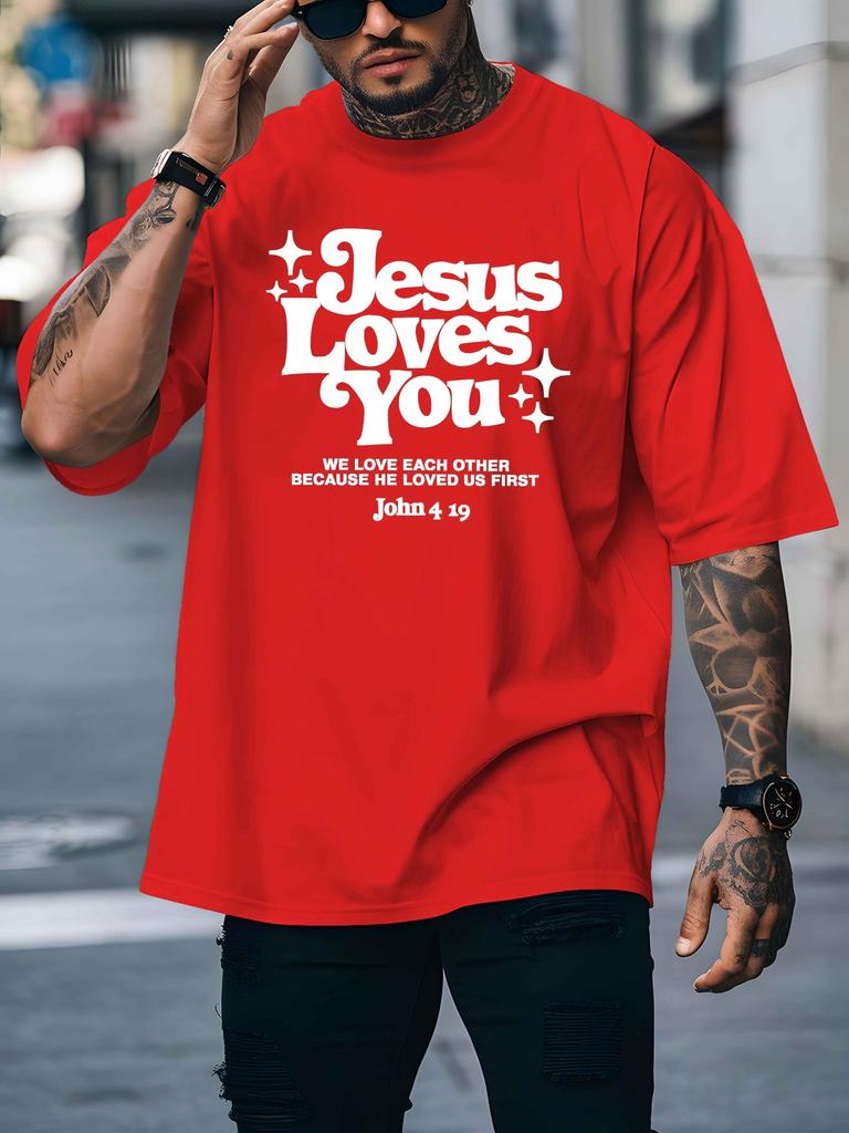 Jesus Loves You Unisexs Crew Neck T Shirt Christian Star Bible Verse Retro Text Graphic Short Sleeve Casual Street Tops