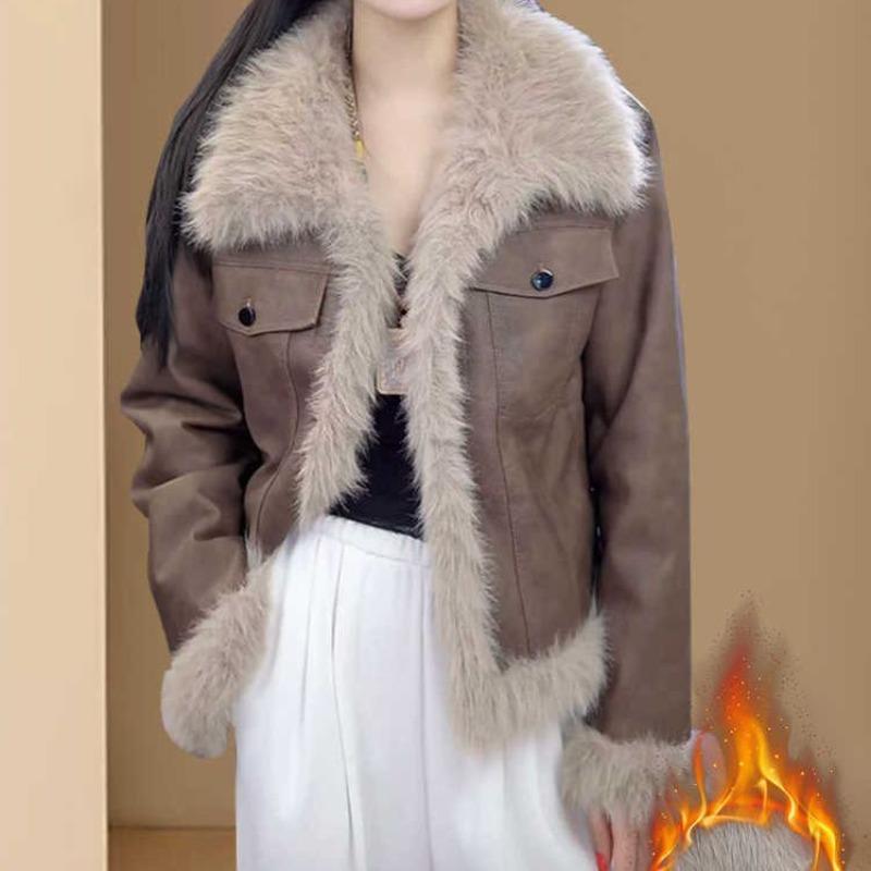 Retro short thickened fur integrated jacket autumn and winter new thin velvet warm jacket locomotive clothing