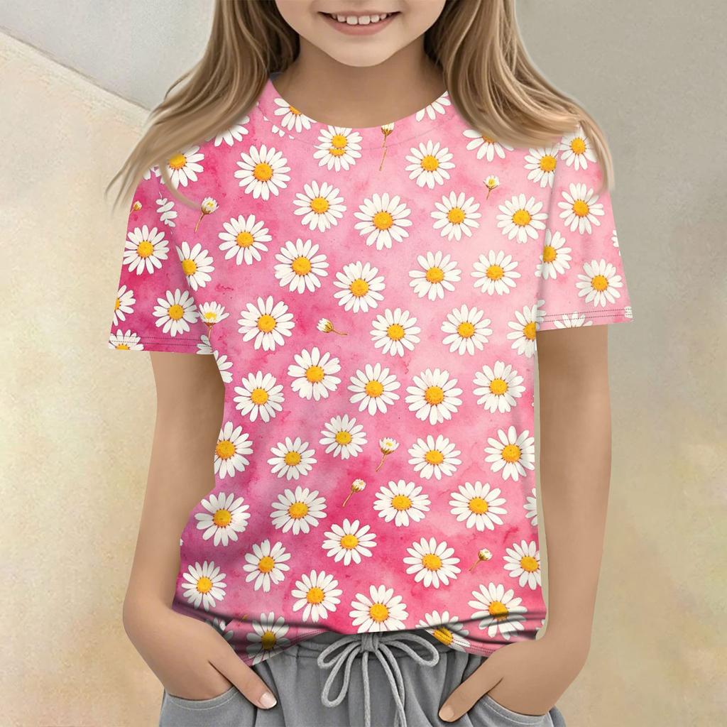 Girls Floral Print Crew Neck Short Sleeve Casual Loose Fit T Shirt Comfortable Lightweight Breathable Fabric Summer Wear