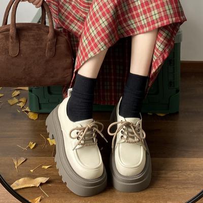Black Round Head British Style Platform Leather Shoes Women's Autumn and Winter New French Retro Heightening Single Shoes