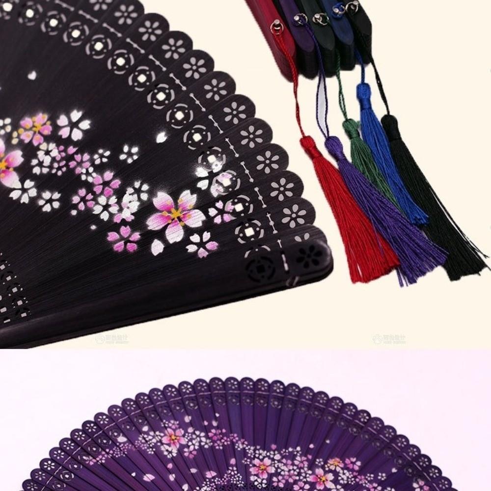 with Tassel Bamboo Folding Fan Vintage Cherry Blossom Fan Carved Hollowed-Out Fan  Cultural Event