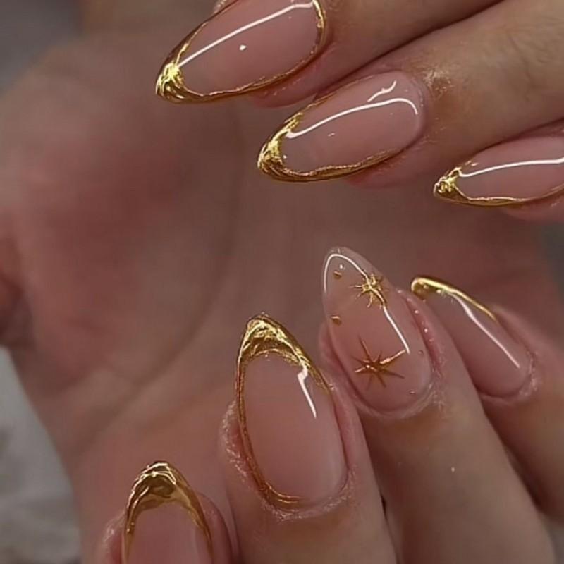 

3D Gold Hot Stamping Wearing Nail Plate Short Almond Art Fake Foreign Trade Selling Press On Nails