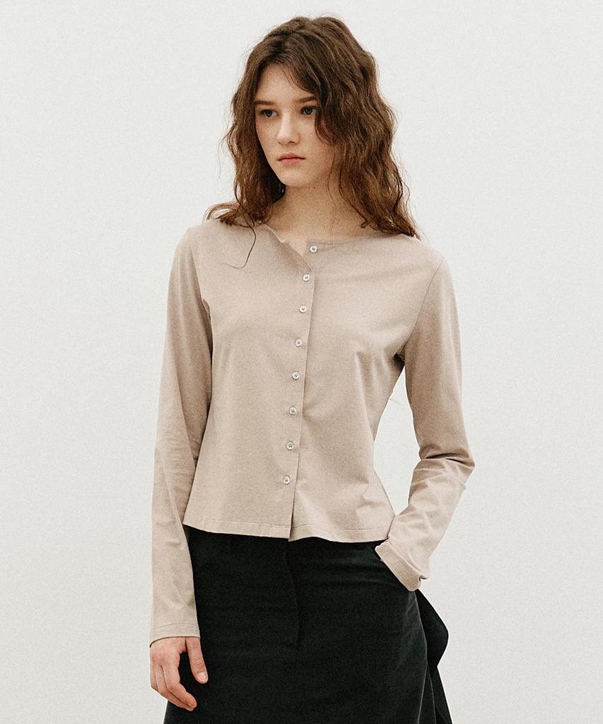 ARTID Boat Neck Open Button Long Sleeve T-Shirt_Beige