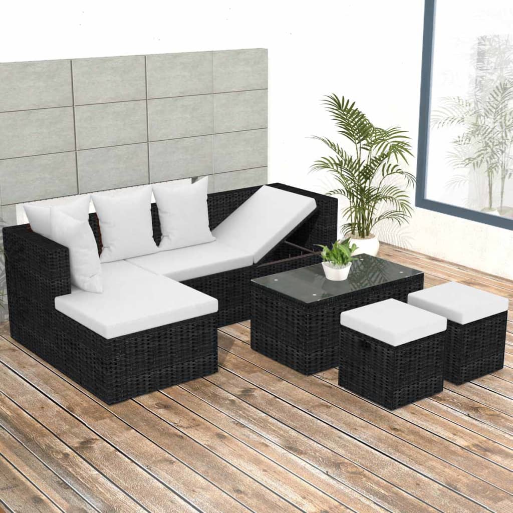 4 piece Garden Lounge Set with Cushions Poly Rattan Black