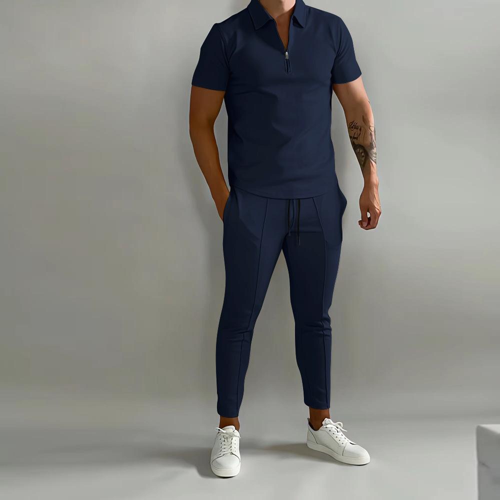 Spring and Summer Mens Sets Lapel Short-Sleeved Polo Shirt Sports Pants 2-Piece Suits for Men