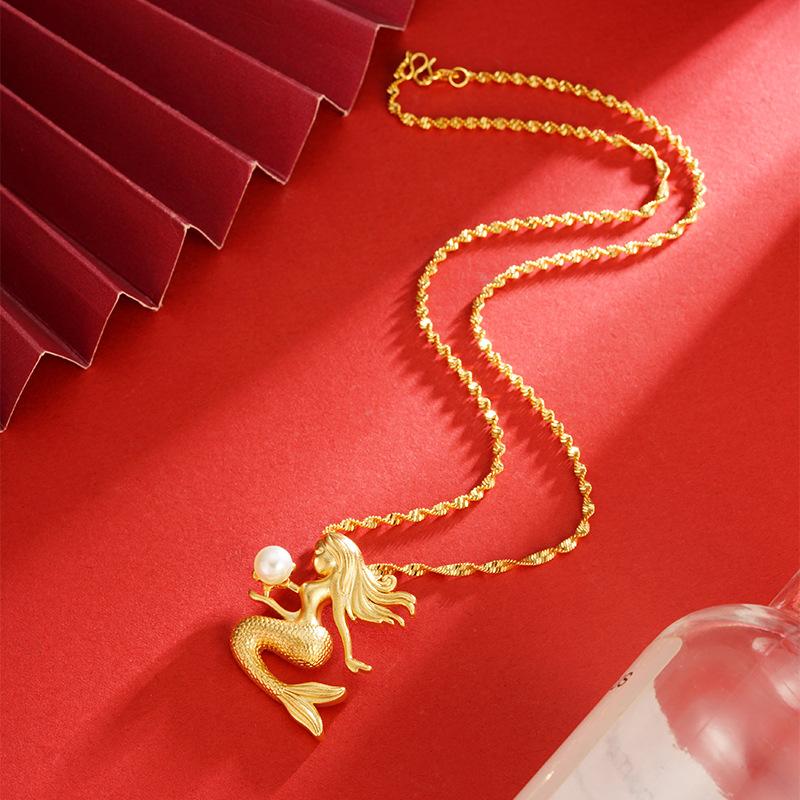 Luxury 24K 9999 Pure Gold Real Gold Women's Mermaid Pendant All-match Necklace Clavicle Chain