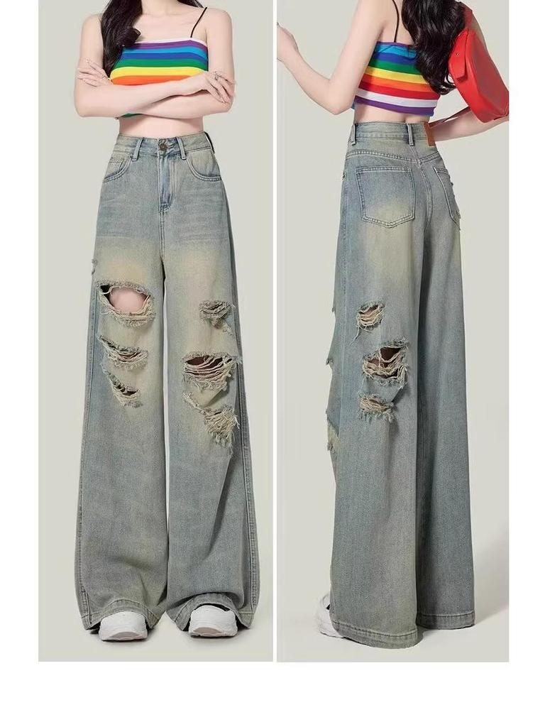 Plus Size High Waist Wide-Leg Ripped Jeans for Women - Summer 2025 New Arrivals, Slimming Drape, Floor-Length Pants for Chubby Girls