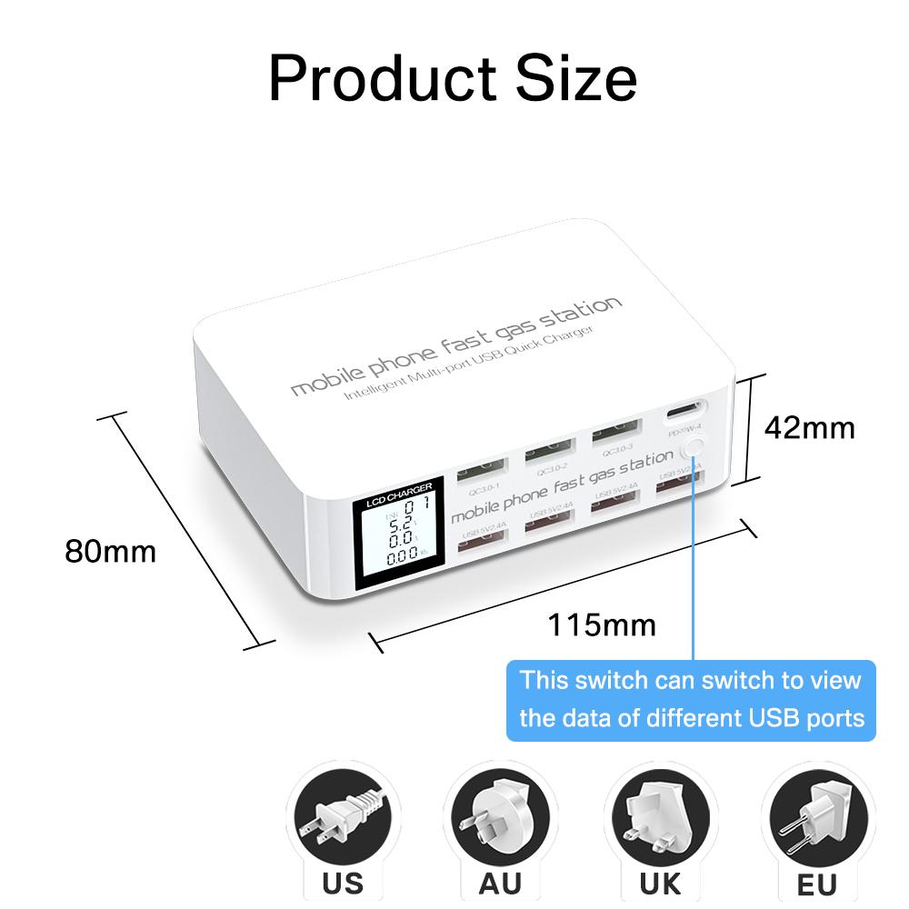 8 Ports USB Fast Charger Quick Charge QC3.0 PD3.0 Multi USB Charging Station LCD Digital Display Fast Charger for Iphone Android