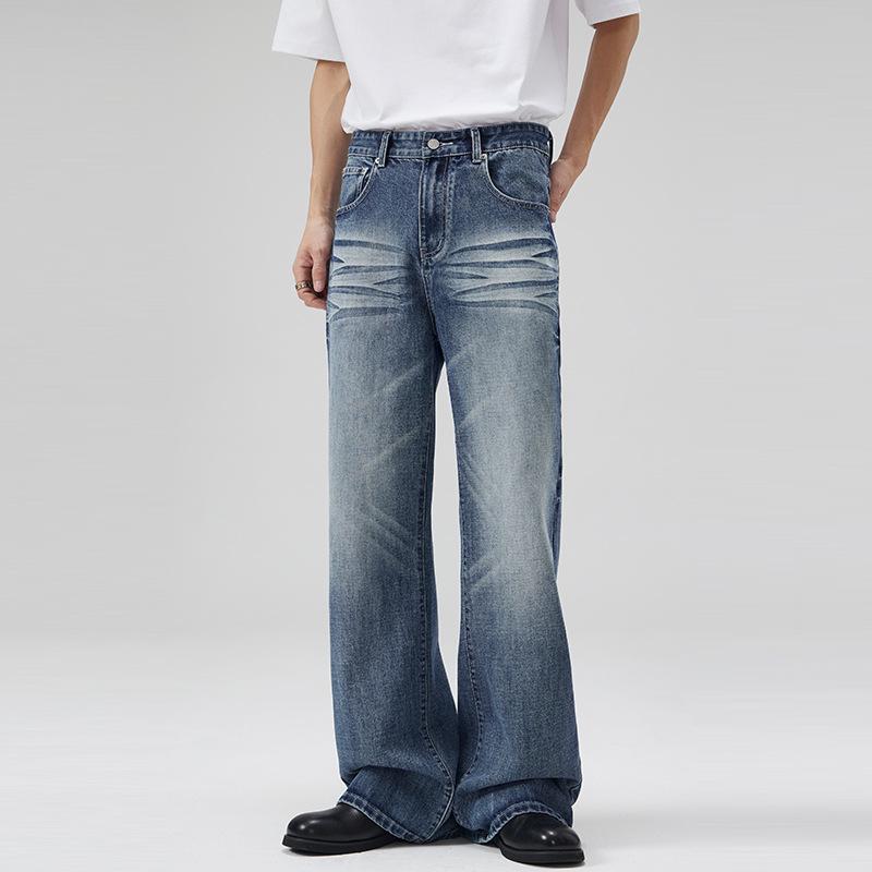 

LKTM Джинсы унисекс винтажные потертые выбеленные синие микроклеш с деталями в виде «усов»-волн S [Recommended 90-105 lbs]