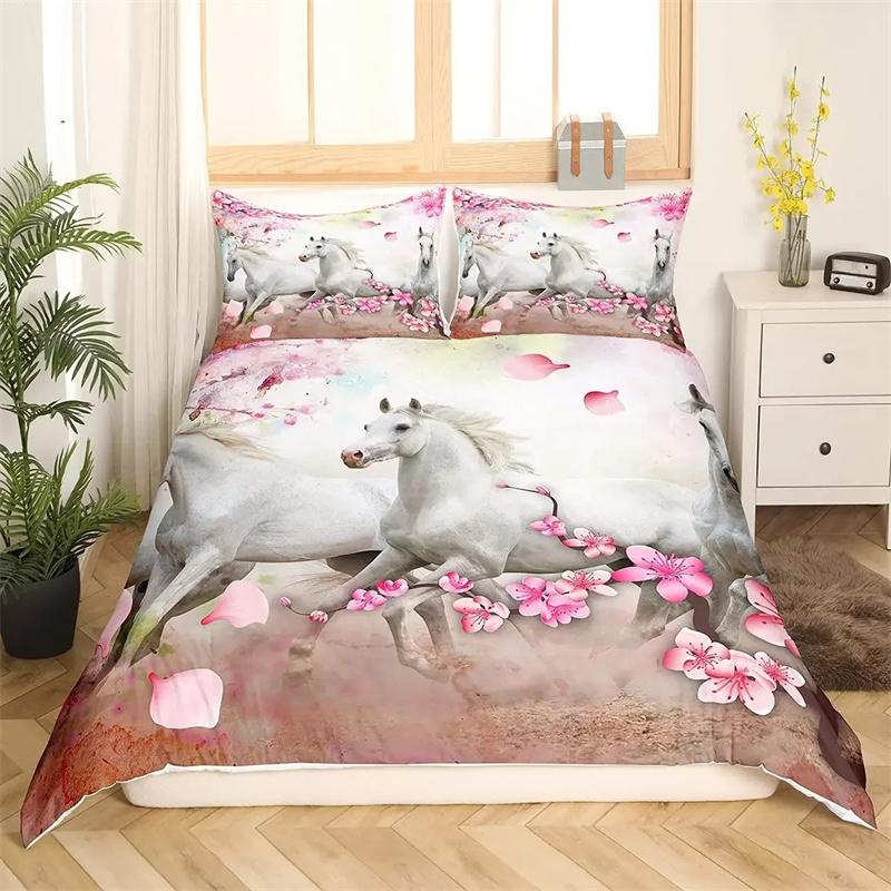 3D Horse Duvet Cover King Queen Size Yellow Sunflower Bedding Collection Floral Animal Theme Quilt Cover Wildlife Soft Comforter Cover