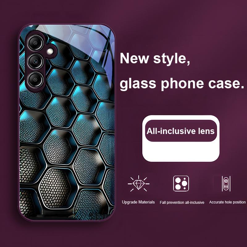 Blue Gradient Grid For Samsung Galaxy A01 02 03 Core A04 A14 4G A13 54 34 31 20 25 23 22 5G S21 Ultra S20 Glass Phone Case