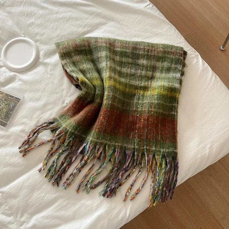 Chic Design Plaid Mohair Scarf Women Korean Version Streetstyle Imitation Cashmere Muffler Female Warm Soft Thick Shawl Ladies