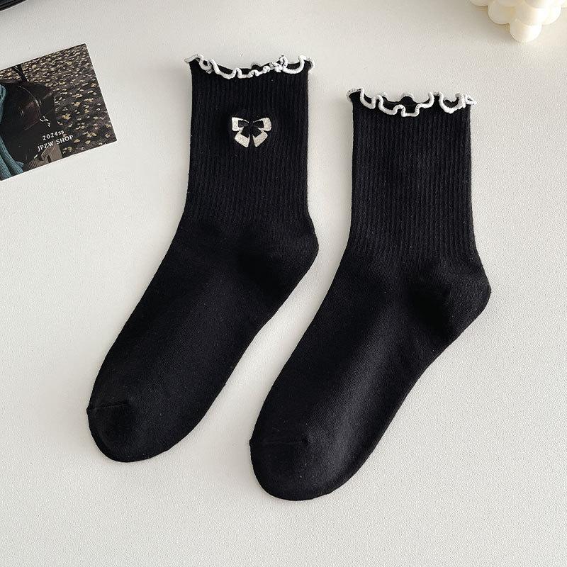 Ladies Spring and Autumn Fungus Lace Bow Embroidery Medium Tube Pile Pile Cotton Socks