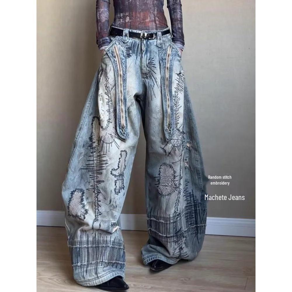 Women's Plus Size Retro Knife-Design Wide-Leg Jeans: Washed, Stained, Curved, Draping Long Pants