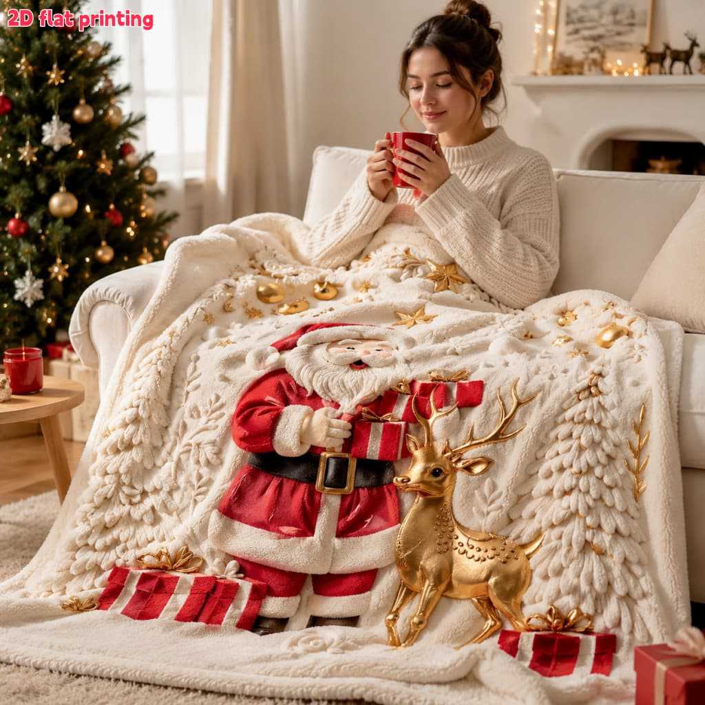 3D Printed Christmas Blanket, Fleece Throw with Tree Reindeer and Snowflake