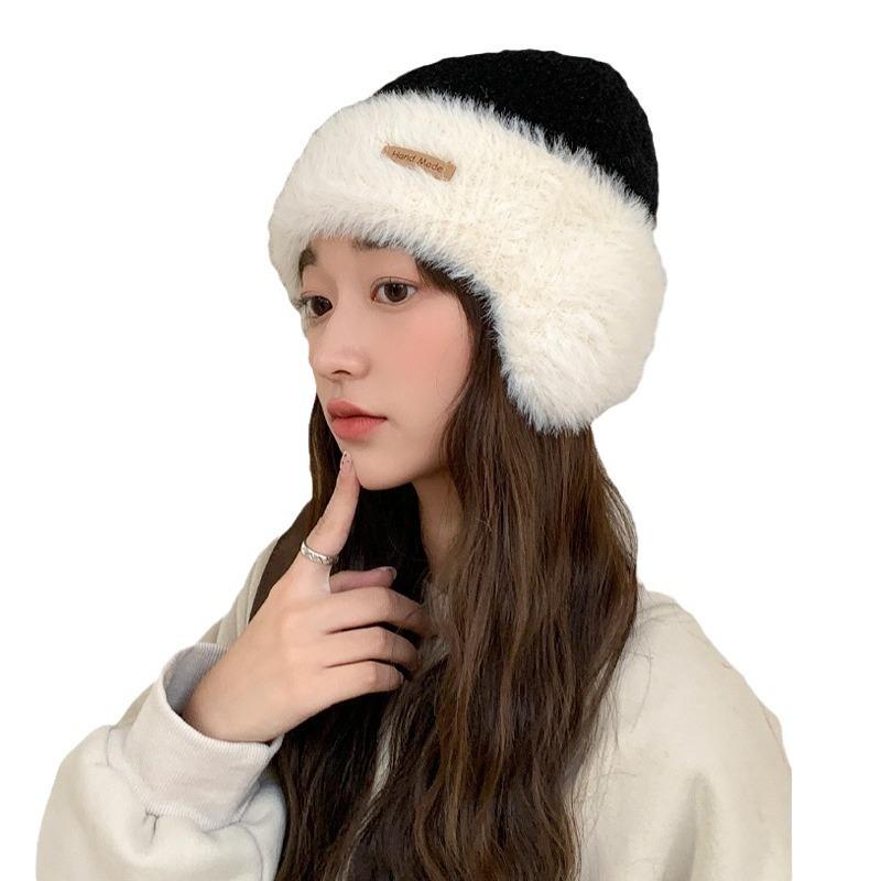 Hat Women's Big Head Circumference Knitted Wool Hat Winter Warm Thickened Plush Hat Versatile Contrasting Color Ear Protector Cold Hat