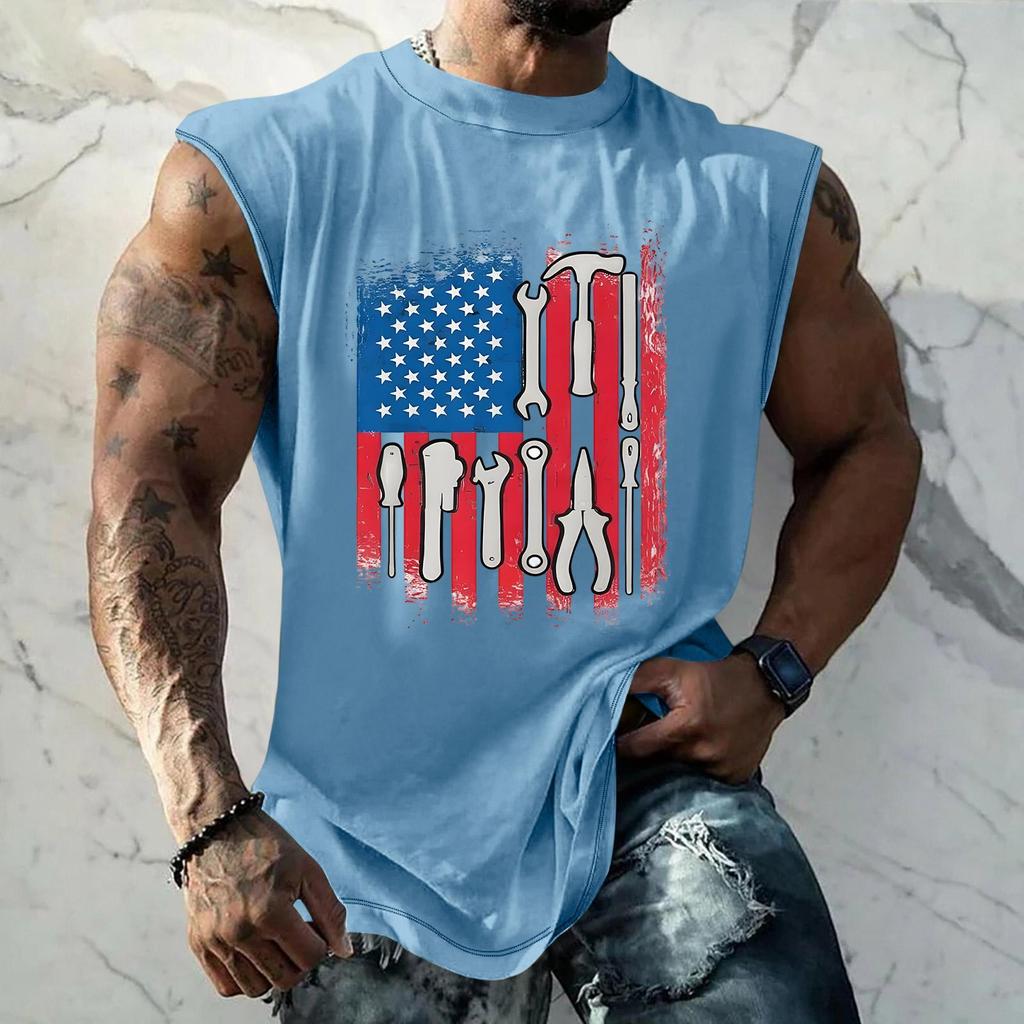 Men's Loose Fit Sleeveless Tank Top Casual Sportswear Muscle Shirt with Tool Print Graphic for Labor Day Outdoor Activities