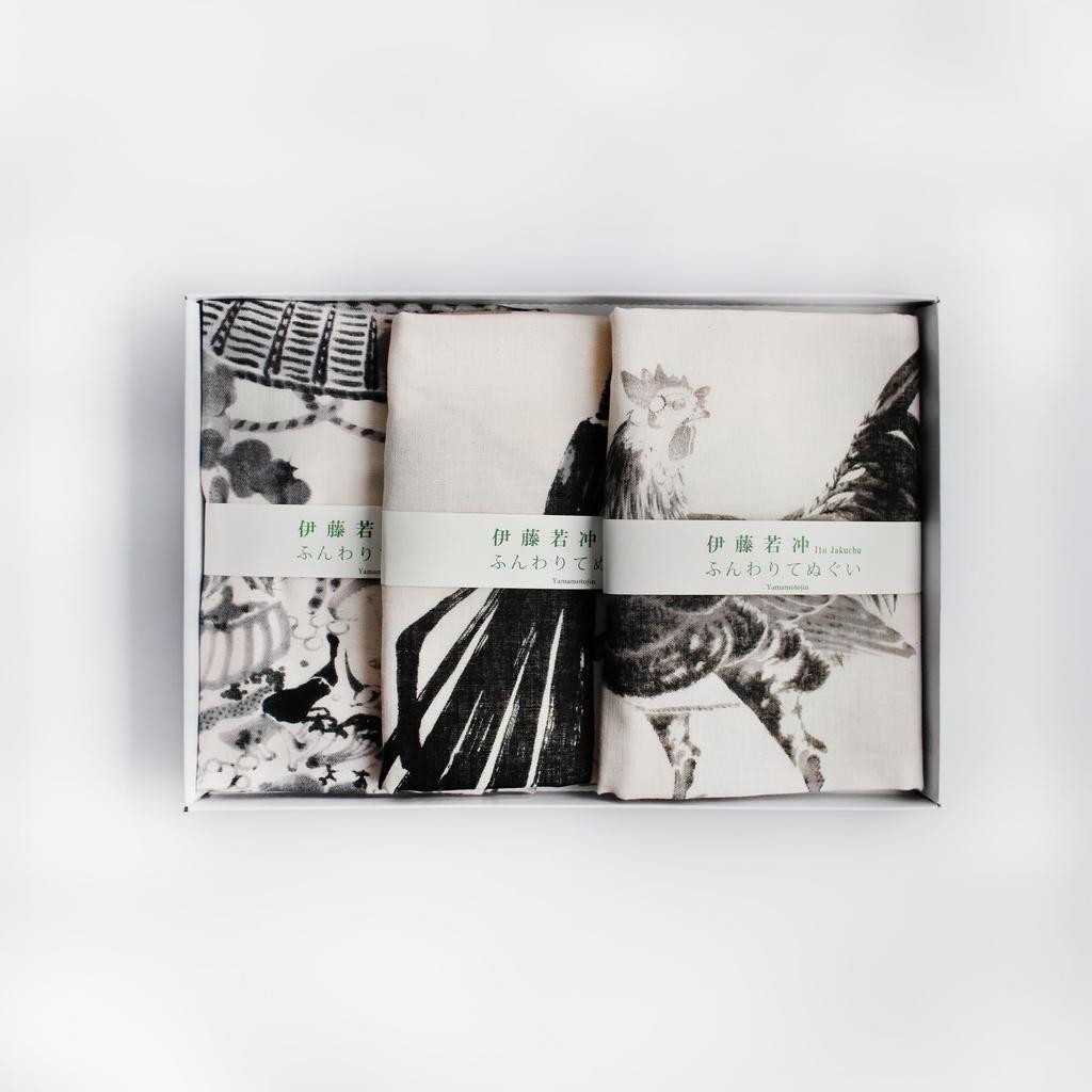 Yamamoto Jin Shoten Double Gauze Hand Towel Set of 3 The World of Ink Paintings (Official) - Jakuchu's