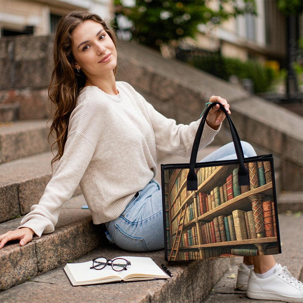 Vintage Library Book Shelf Print Tote Bag Casual Large Capacity Daily Shoulder Bag for Book Lovers