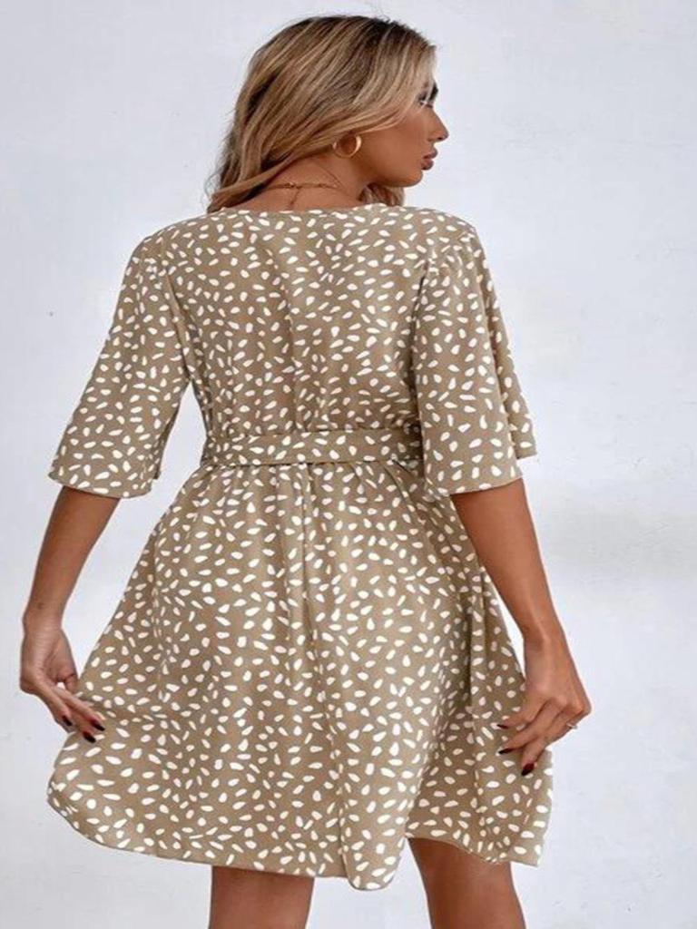 V Neck Printingt Dress Waist Hugging Dress Elegant Short Sleeve Dresses Causal Women Dress
