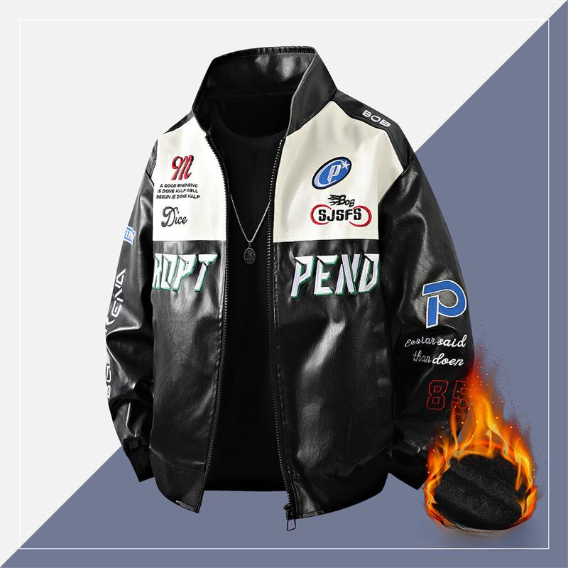 Autumn Winter Leather Jacket Fleece Motorcycle PU Leahter Jackets Embroidery Pattern Turndown Collar Black Windbreaker