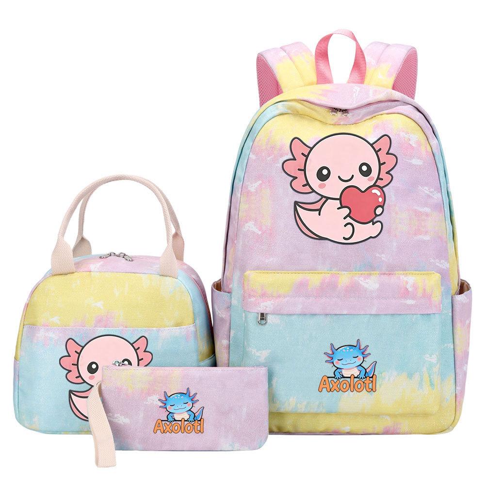 3Pcs Axolotl Backpack for Girls Teen, School Bag with Lunch Box & Pencil Case, Kids Student Daypack, Mochila Back To School Gift
