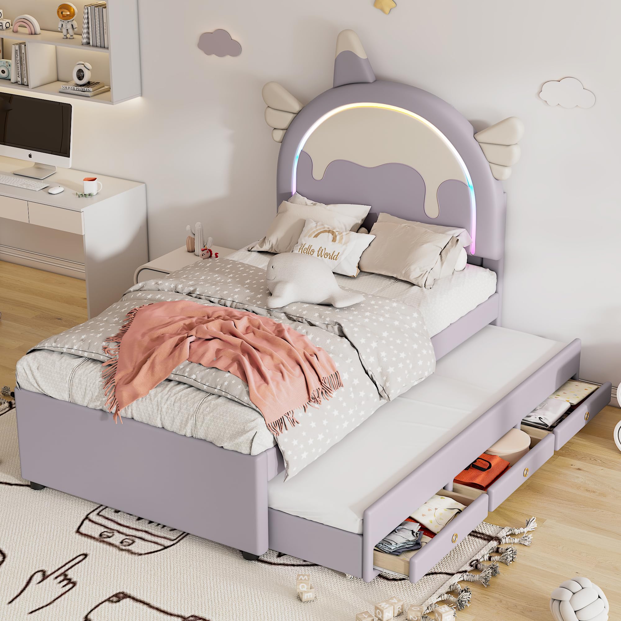 Pat de copii 90x200cm cu lumină LED, Canapea extensibilă pat de zi cu pat extensibil și sertare, Fără saltea 203x94x135.5 cm violet
